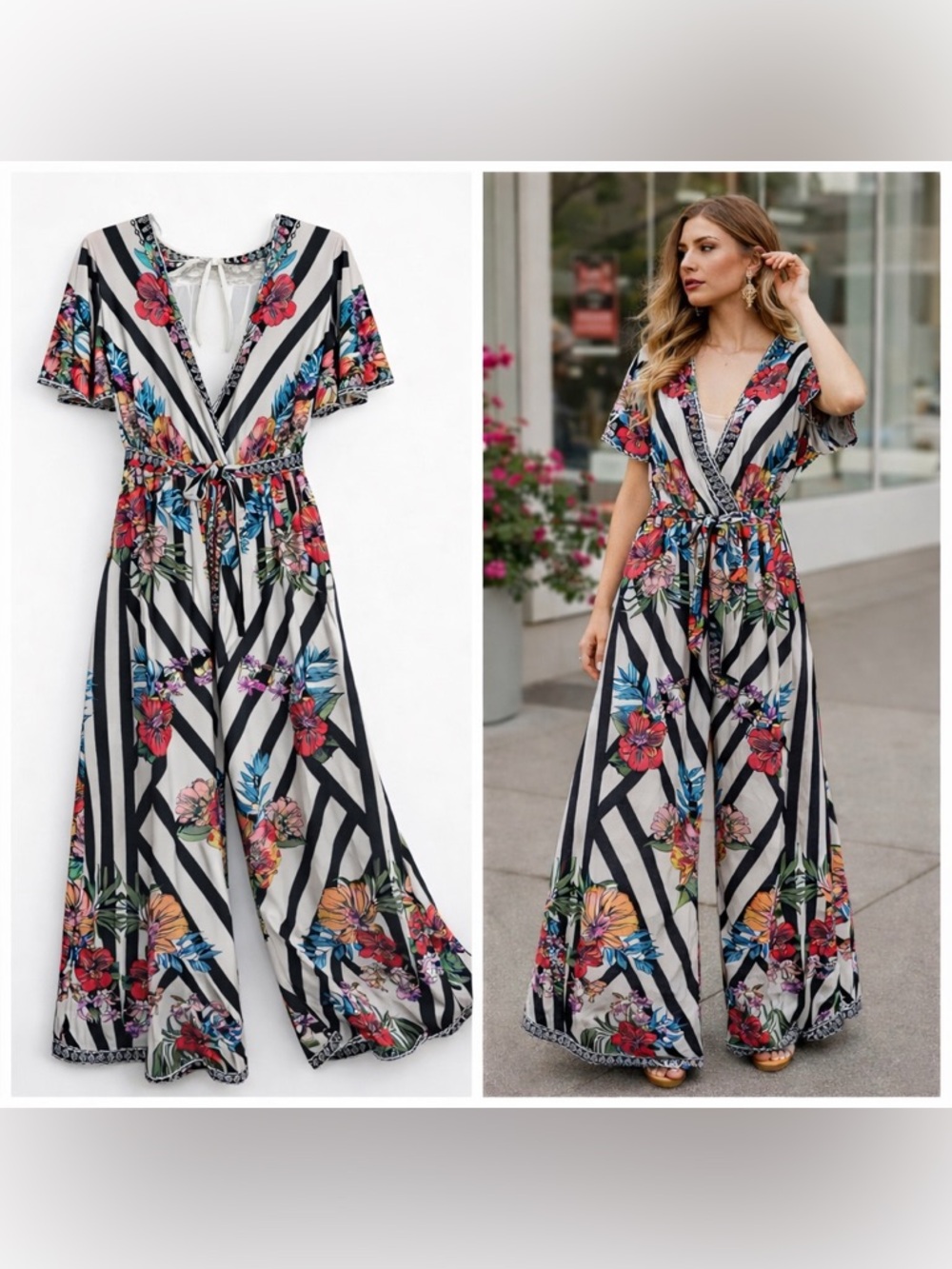 Flying Tomato Black-and-White Striped Maxi jumpsuit with Multicolor Floral Print